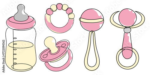A set of baby essentials including a bottle, pacifier, teething ring, and rattle, designed in soft pastel pink and yellow tones. Perfect for baby care concepts