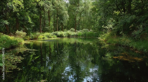   A verdant forest surrounds a placid body of water, its surface adorned by a handful of ducks amidst an abundance of foliage