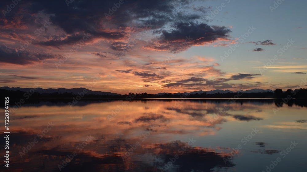 Obraz premium Large water body bathed by sunset's rays, with cloud-filled sky and distant mountain range
