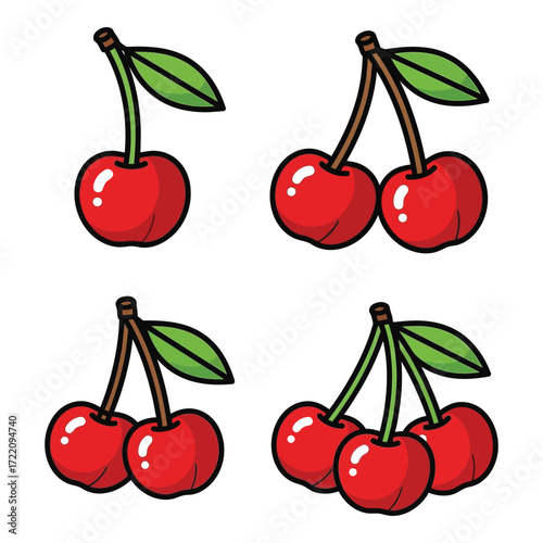 Four delightful arrangements of ripe red cherries with green leaves for a fresh fruity feel
