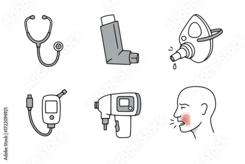 Respiratory Health Outline Icon Set – Stethoscope, Asthma Inhaler, Oxygen Mask, Spirometer, Cough Symbol – Vector Line Icons for Medical, Healthcare, and Pulmonary Care Designs
