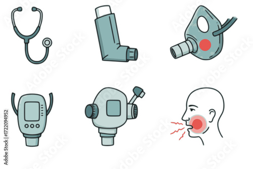 Respiratory Health Outline Icon Set – Stethoscope, Asthma Inhaler, Oxygen Mask, Spirometer, Cough Symbol – Vector Line Icons for Medical, Healthcare, and Pulmonary Care Designs