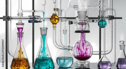 Colorful laboratory glassware filled with various liquids. The scene showcases beakers, flasks, and tubes used in cosmetic chemistry experiments.