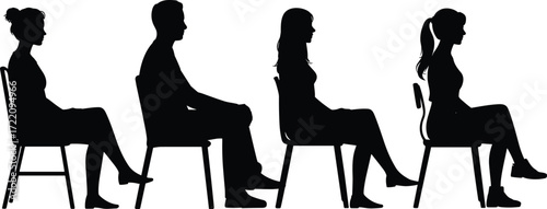 Seated people silhouettes, sitting posture, chair pose, male and female figures, vector icons, black shapes, social behavior, ergonomic design