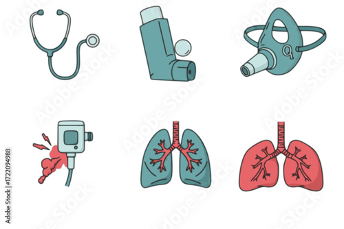 Respiratory Health Outline Icon Set – Stethoscope, Asthma Inhaler, Oxygen Mask, Spirometer, Cough Symbol – Vector Line Icons for Medical, Healthcare, and Pulmonary Care Designs