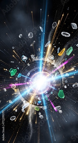 Abstract explosion with shards and light bursts in a dark cosmic background