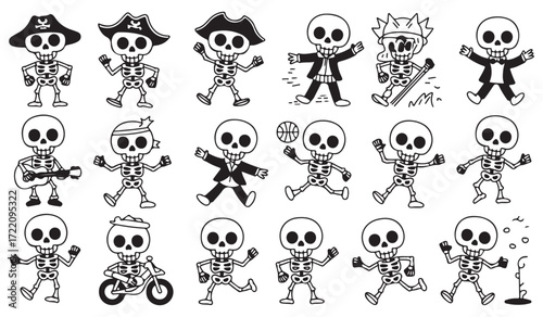 Funny skeleton character collection, line art vector drawings for Halloween, comics, and party themes