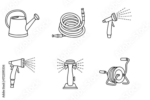 Watering Equipment Repair Outline Icon Set – Watering Can, Garden Hose, Hose Connector, Spray Nozzle – Vector Line Icons for Gardening Tools, Maintenance, and Irrigation Systems