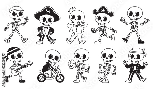 Skeleton vector icons set, black and white cartoon illustrations of dancing, pirate, and spooky skulls