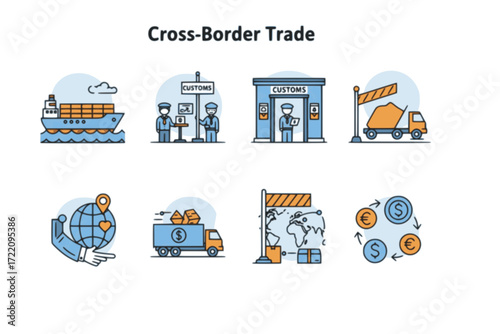 Cross-Border Trade Outline Icon Set – Cargo Ship, Customs Checkpoint, Container Truck, Border Gate – Vector Line Icons for International Shipping, Logistics, and Trade Operations