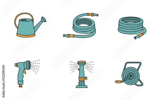 Watering Equipment Repair Outline Icon Set – Watering Can, Garden Hose, Hose Connector, Spray Nozzle – Vector Line Icons for Gardening Tools, Maintenance, and Irrigation Systems