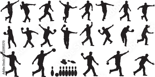  bowling player silhouettes. sport action vector icon set.eps