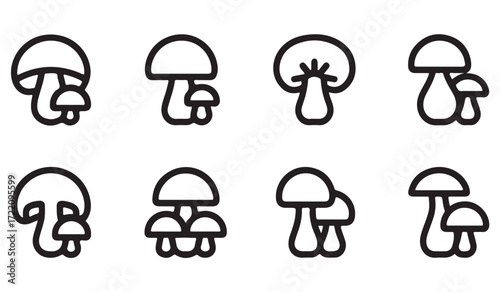 Minimalist mushroom vector set, black outline illustrations of natural fungi for ecology and recipes