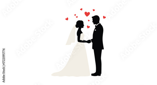 Silhouetted bride and groom share a loving moment surrounded by hearts