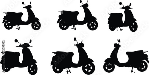 Silhouettes of classic scooter, vintage motorbike, modern moped, black motorcycle icon, transport design, urban mobility, isolated vector illustration set