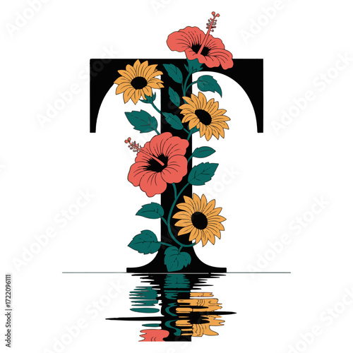 Decorative black letter t adorned with vibrant sunflowers and red poppies reflecting in water on white background