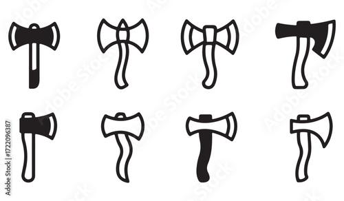 Black and white axe illustrations, line art vector icons of double blade, hatchet, and woodcutting tools