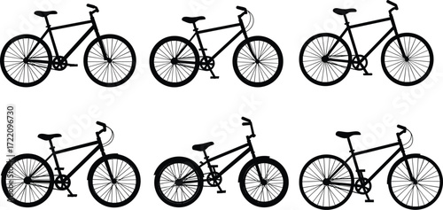 Silhouettes of different bicycles, classic road bike, modern mountain bike, BMX cycle, urban transport, black vector illustration, cycling design icons