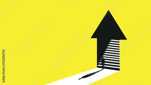 Man walking towards an arrow shaped doorway with stairs on a yellow background