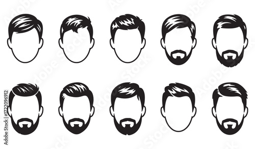 Black and white male haircut icons, outline vector drawings of stylish beard and hair combinations