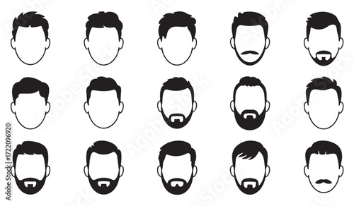 Modern male grooming vector pack, line art of hairstyles and beards for barber, fashion, and design use