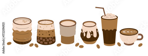Various coffee drinks in different cups and glasses with coffee beans on white background. Flat vector illustration