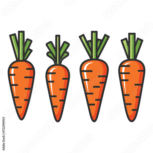 Four fresh carrots with green tops isolated representing healthy eating and nutrition