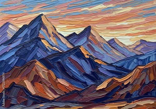 Artistic mountain range painting with textured brushstrokes and vibrant color palette