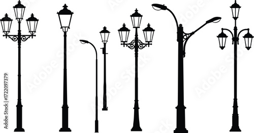 Street lamp silhouette vector illustration set with vintage lanterns, modern lights, urban city design, outdoor lighting clipart, decorative lamp post graphics