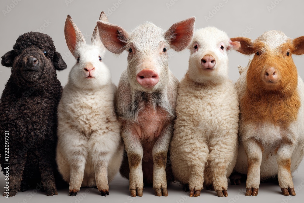 Obraz premium Farm animals posing together in a fun row for a lighthearted group portrait with a playful atmosphere in a studio setting
