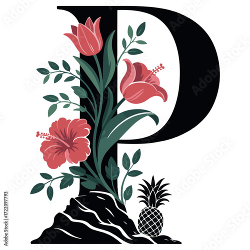 Elegant black letter p decorated with lush tropical flowers greenery and a pineapple on a rocky base