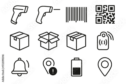 Tracker notification beam alert vector bell icon status tag handheld scanner parcel