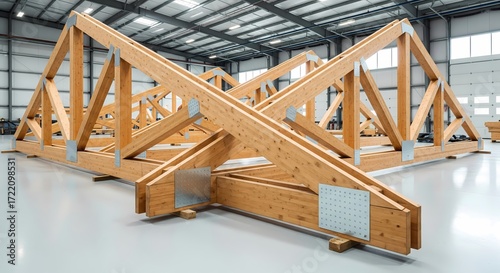 Wooden trusses arranged in a spacious warehouse. The structure showcases lumber construction techniques with metal connectors and a clean, modern environment.