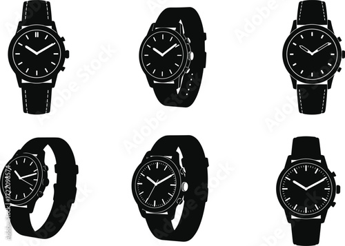 Vector illustration of wristwatch silhouettes showing classic analog watches, modern timepieces, luxury design, fashion accessories, stylish clock collection