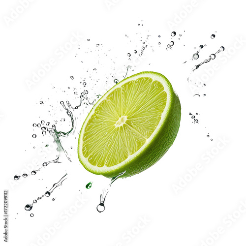Splashing lime slice, studio shot, dark background, food advertising