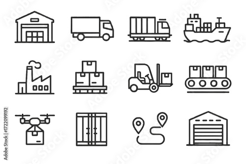 Pallet forklift belt storage facility set vector delivery icon factory conveyor logistics