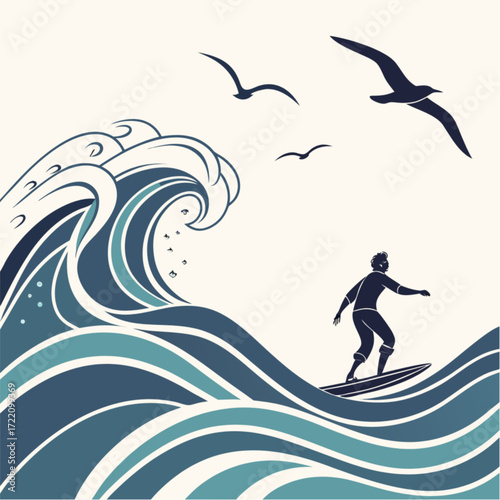 Dynamic blue ocean wave with a silhouetted surfer riding accompanied by flying seagulls.