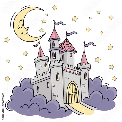 Charming fairytale castle with pink turrets at night under a smiling crescent moon and stars.