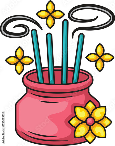 Pink incense burner with teal sticks and yellow flowers