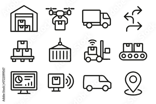 Connected container conveyor drone map icon vector arrows logistics warehouse cargo icons