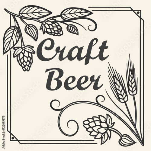 Elegant Craft Beer Logo Design with Hops Barley and Decorative Elements.