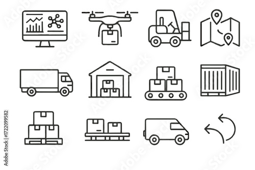Belt ai forklift logistics icon sensor inventory warehouse vector icons route van