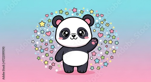 Cute Panda with Stars and Hearts.