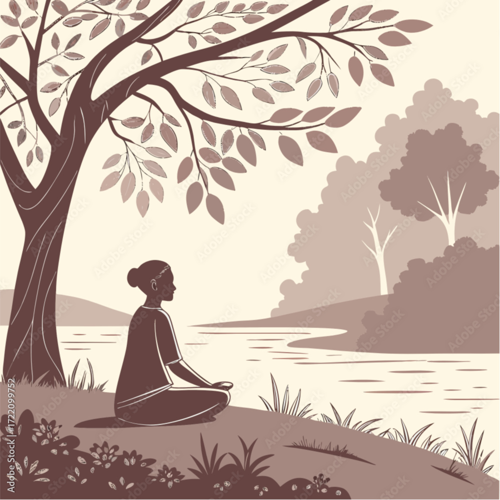 custom made wallpaper toronto digitalSerene Woman Meditating by River Peaceful Yoga Pose Silhouette.