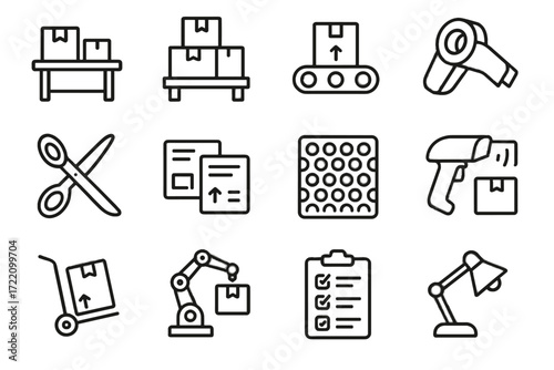 Workstation modern dispenser icons inventory icon bubble parcel wrap conveyor belt vector