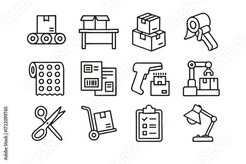 Tape e packing workstation table belt dispenser icon clipboard parcel commerce scanner