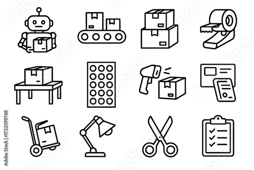 Scanner inventory trolley icons lamp icon belt parcel vector shipping conveyor packing