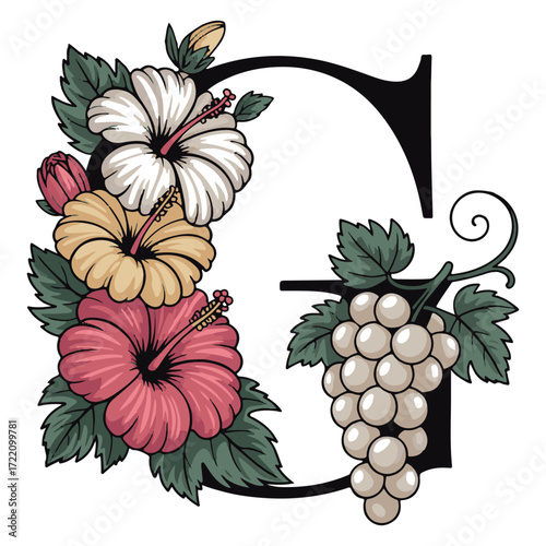 Ornate vintage letter g decorated with tropical hibiscus flowers and a bunch of white grapes