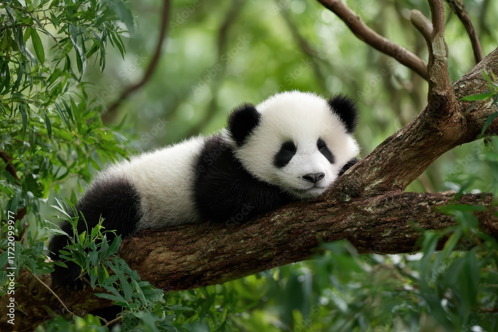 Obraz premium Giant panda cub resting on a tree branch in lush greenery during a tranquil afternoon