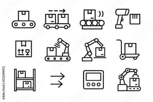 Icon labels barrier vector arm sensor conveyor icons mechanical boxes parcel speed